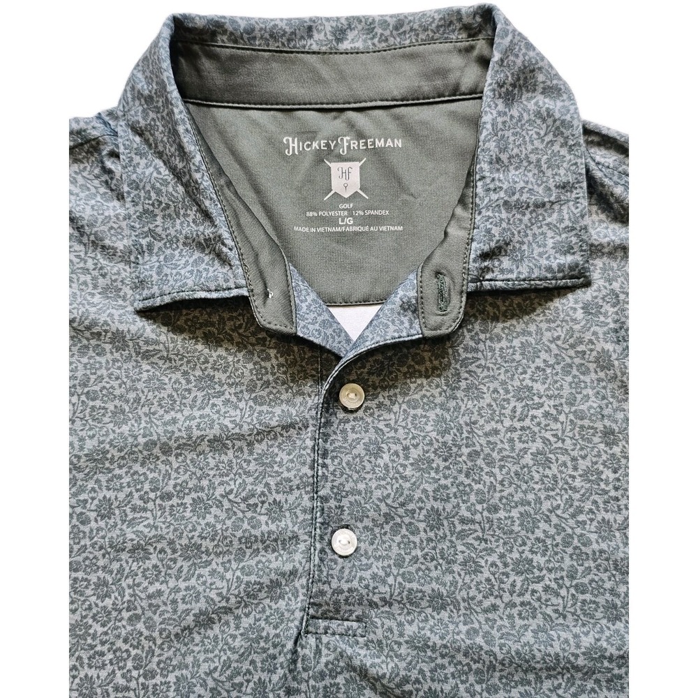 Hickey‎ Freeman Golf Polo Mens L Olive Green Floral Print Stretch Performance